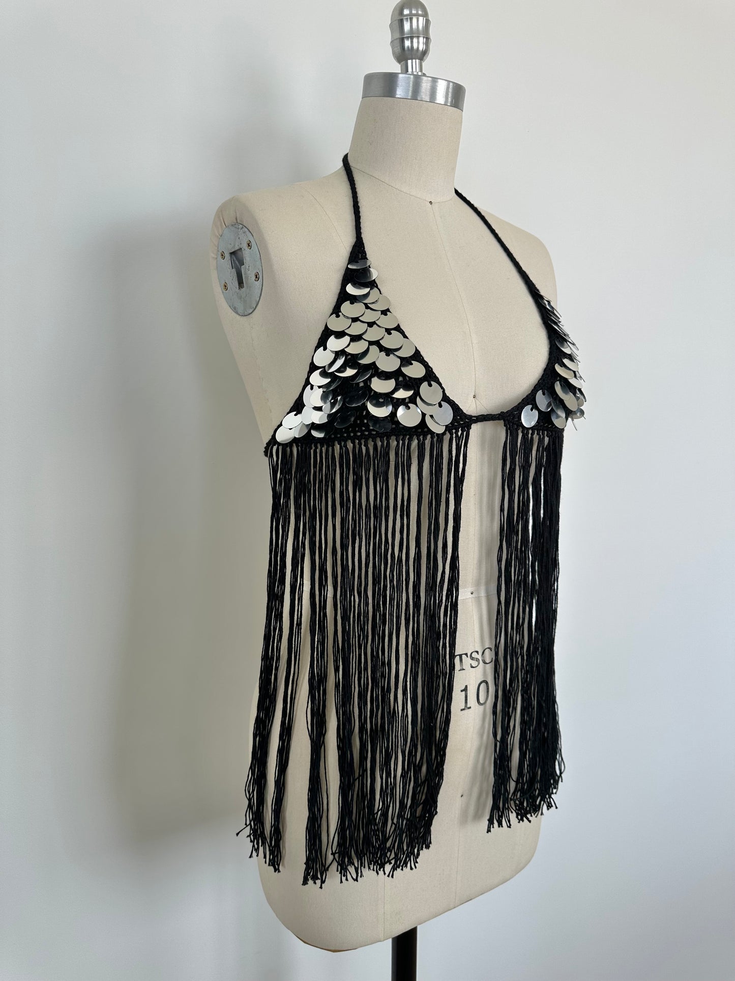 Black Sequin Fringe Bikini Top