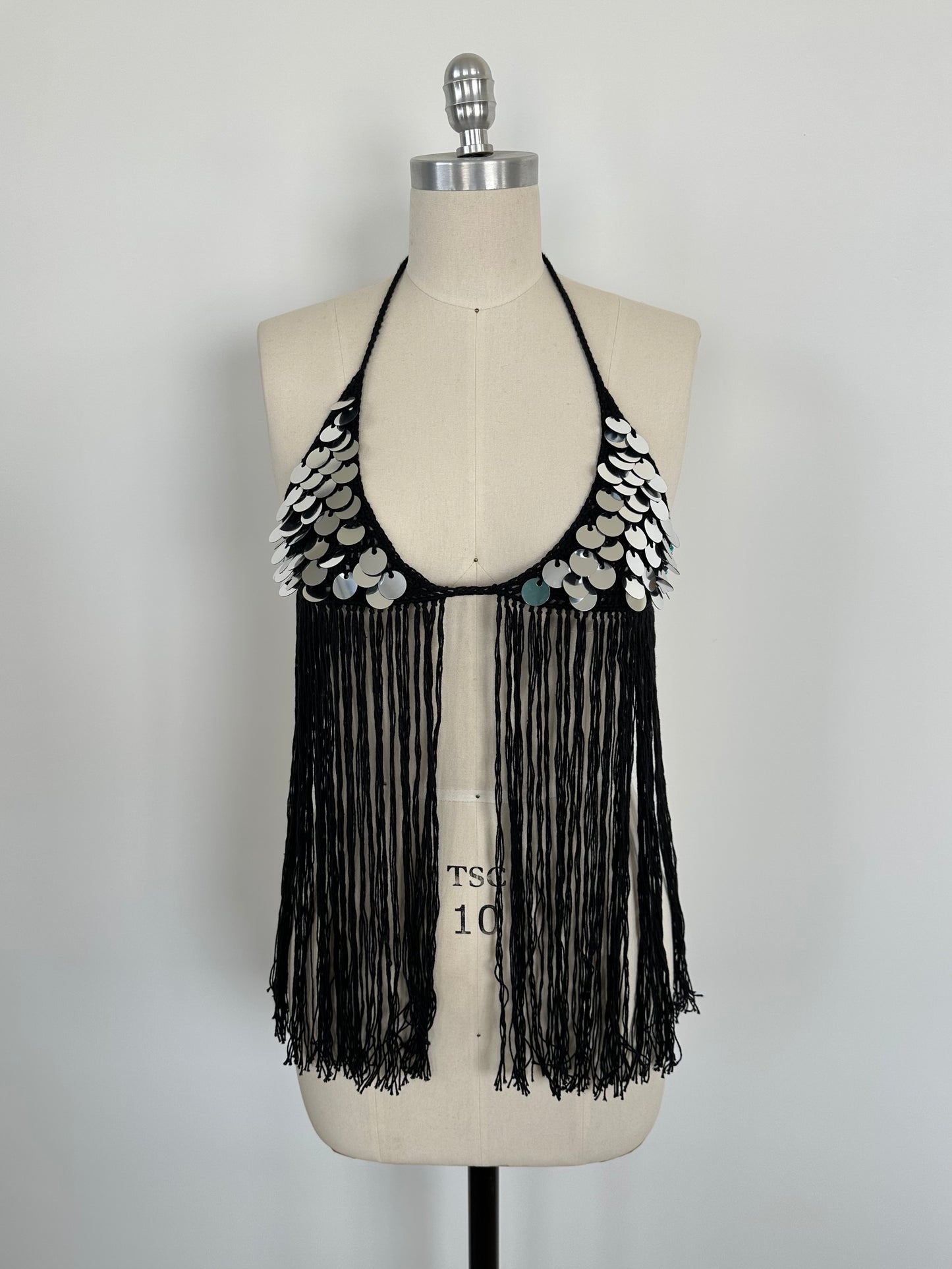 Black Sequin Fringe Bikini Top