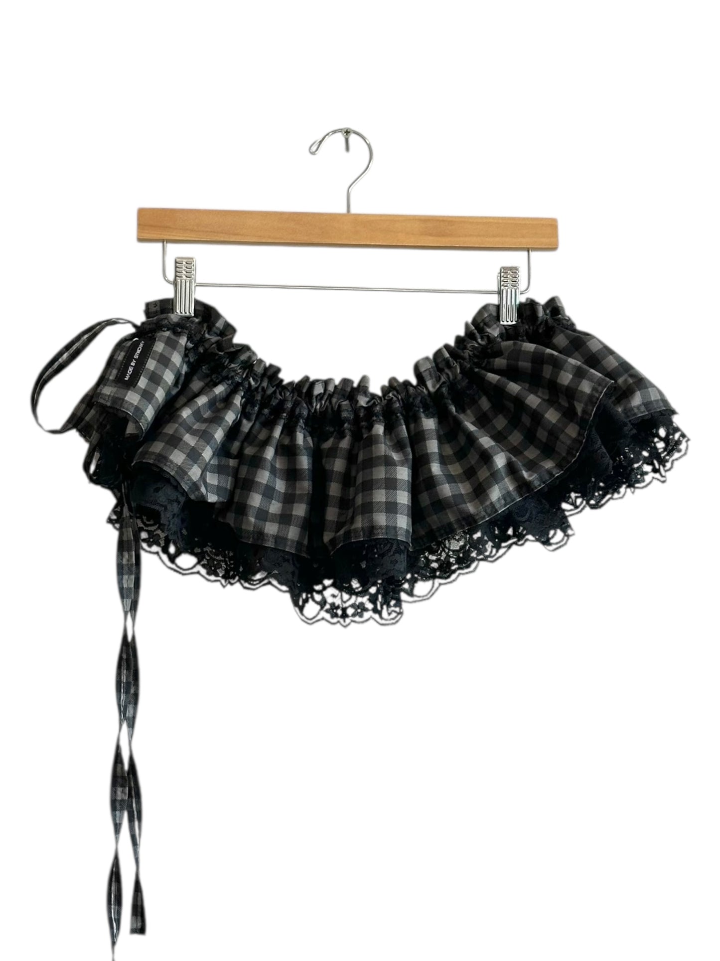 Black Gingham Lace Belt Mini Skirt